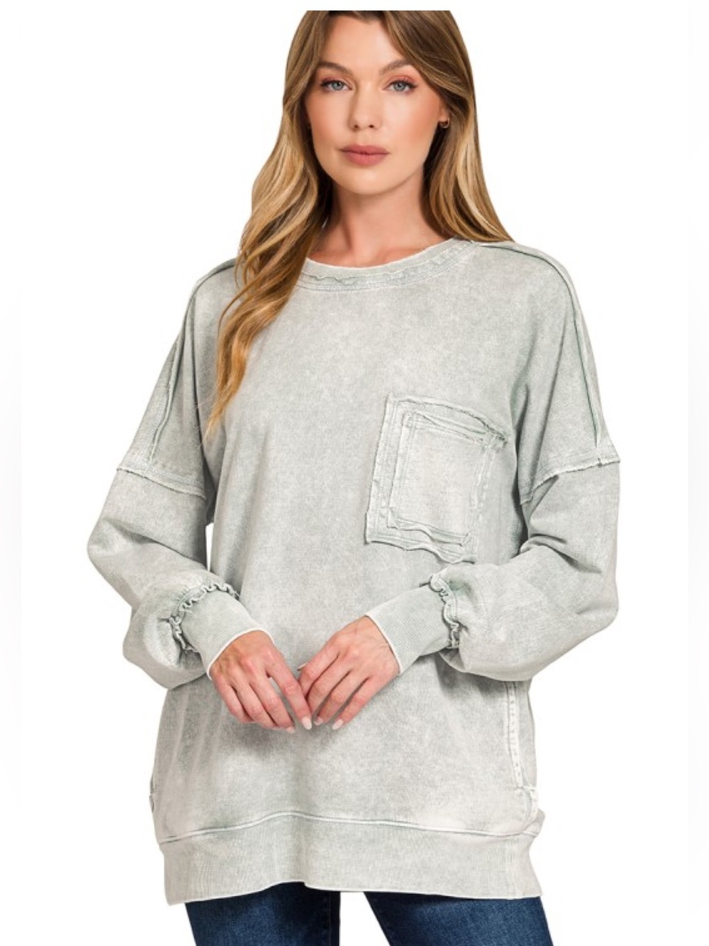 Zenana Grey French Terry Cotton V Neck Long Sleeve Sweatshirt